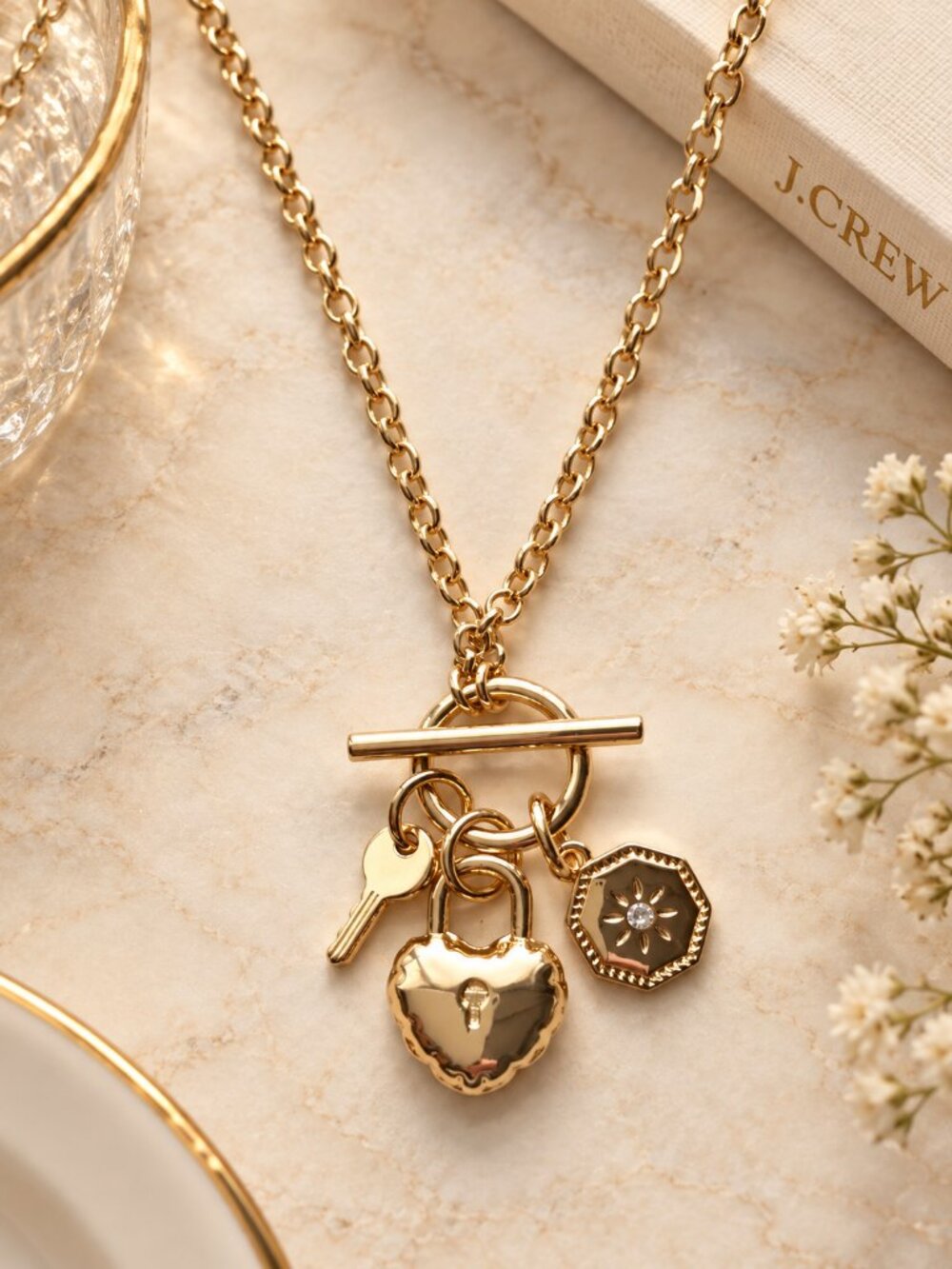 J.Crew Factory Gold Lock Key Heart Charm Necklace 30" NWT